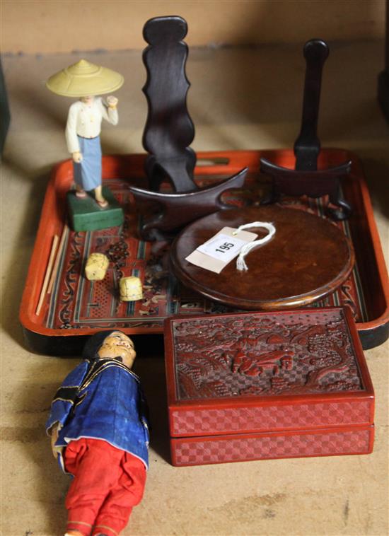 Chinese wood stands, a cinnabar lacquer box and 2 Oriental figures